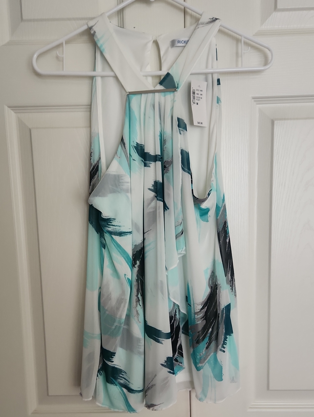 Ricki's One-Shoulder White Dress with Aqua & Teal Brushstroke Print